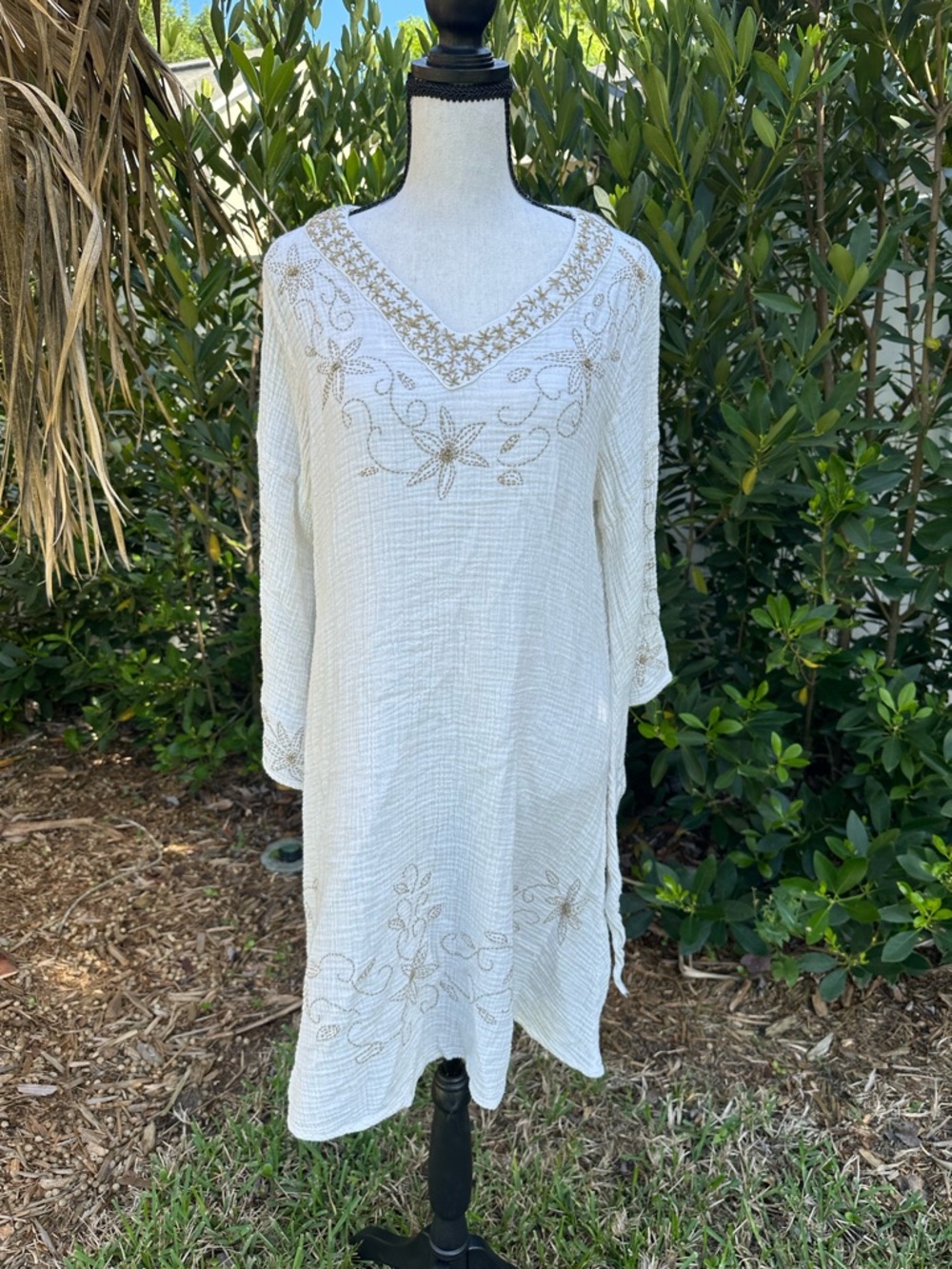 Embroidered Cream Gauze Tunic Dress